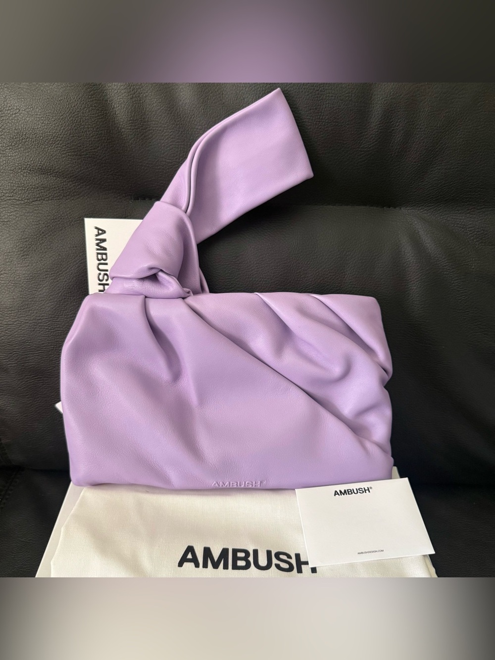NWT AMBUSH Nejiri Nappa Lamb Leather Twisted Knot Wrist Clutch Bag Lavender